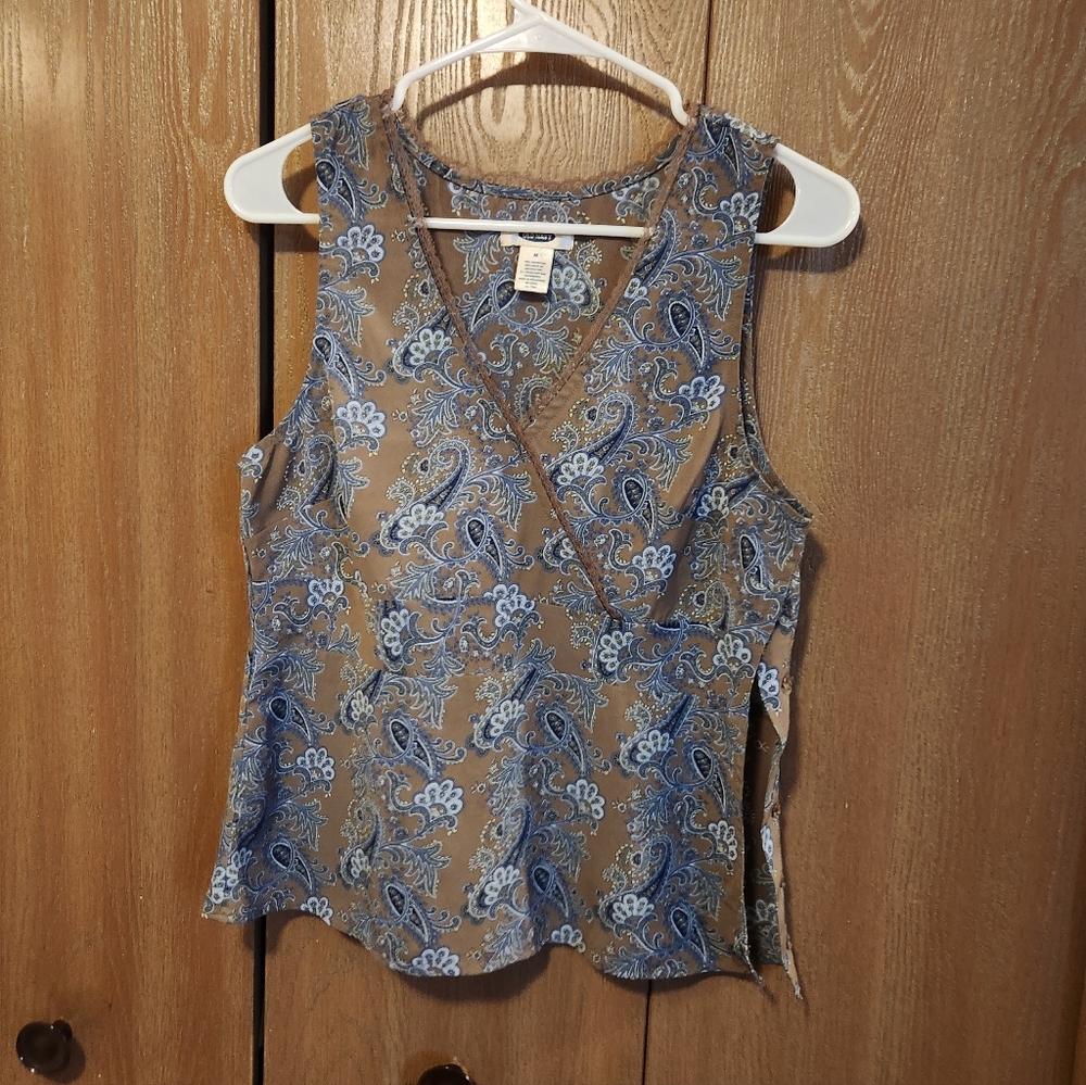 Vtg Y2K Old Navy Babydoll Button Side Slit Brown & Blue Paisley Tank Top Size M